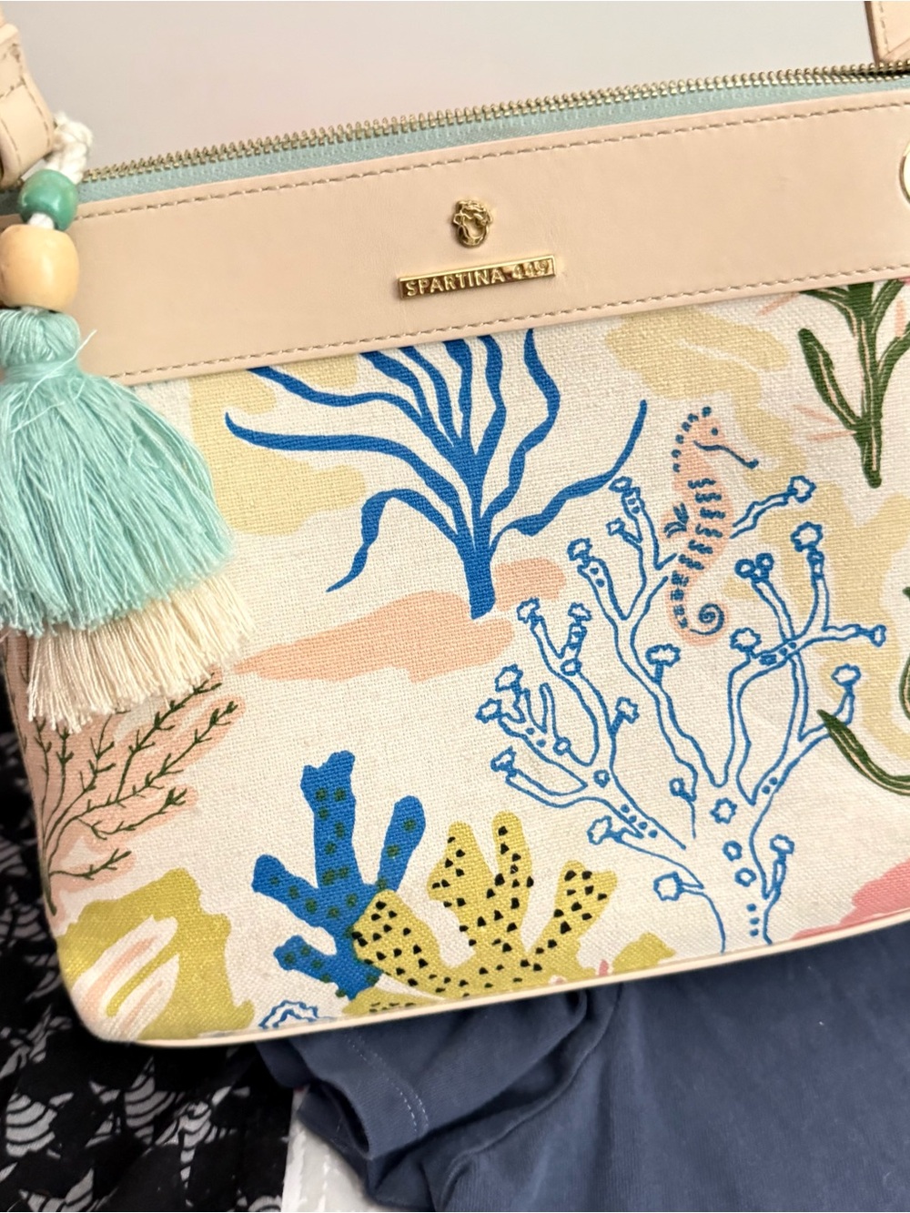 Spartina 449 Blush Trim Canvas Tote with Coral Reef Print